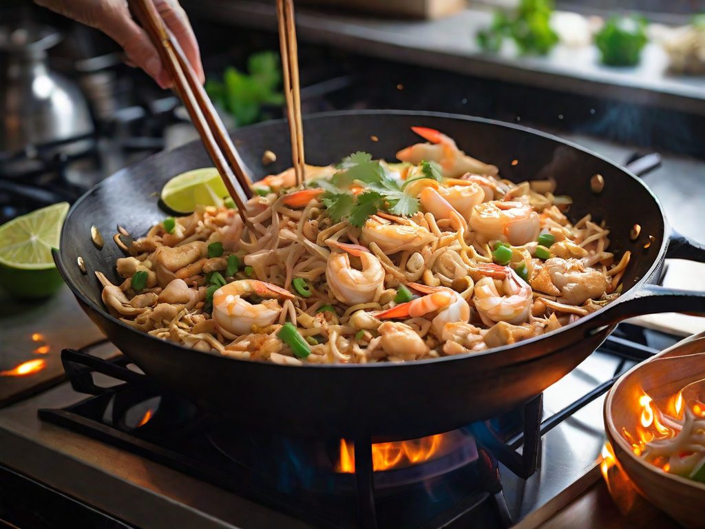 Leonardo_Diffusion_XL_Chicken_and_Prawn_Pad_Thai_in_a_wok_on_t_0 Chicken Broth, Chicken and Prawn Pad Thai Recipe